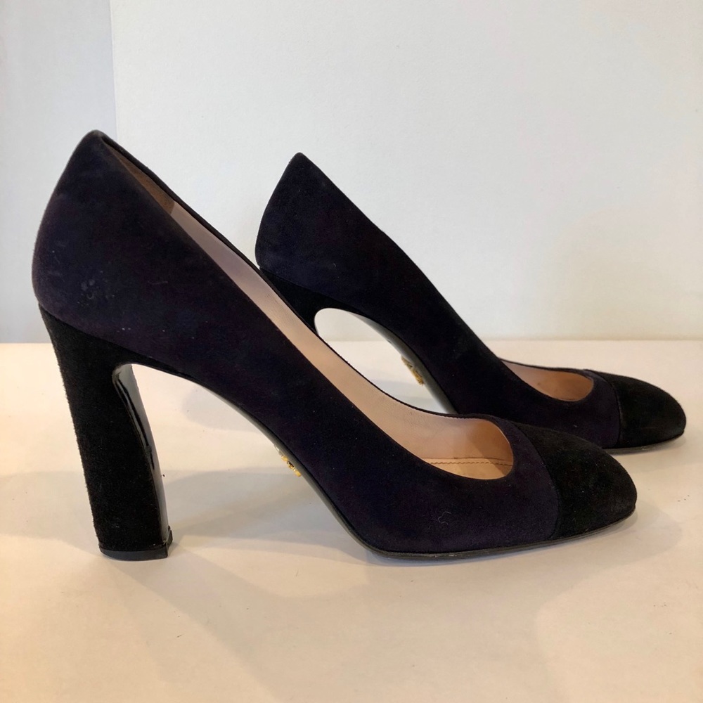 Prada navy and black suede  square toe heels